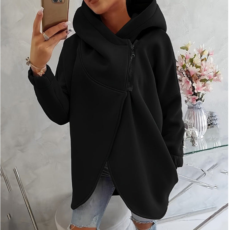 💝💝Uaang Hooded Sports Plus Velvet Tunic Casual Long-Sleeved Zipper Coat Women's Plus-Size Solid Color Coat