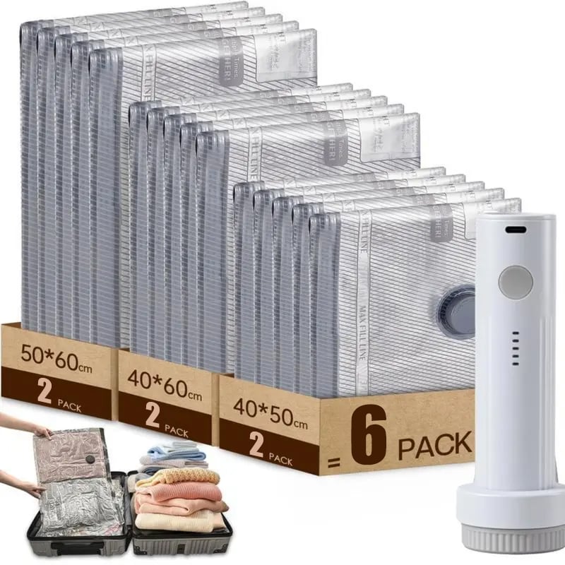 Cordless Travel Vacuum Storage Compression Bag Set USB Rechargeable Handheld Pump with Built-in Battery - Waterproof and Reusable, Saves Clothing and Packing Space