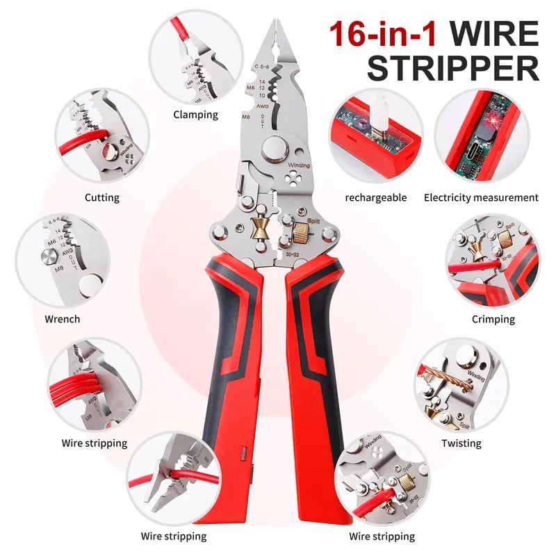16 in 1 Wire Stripper Twister for Cutting and Pulling Wires,Cable Scissors,Voltage Tester Pliers, 12V to 250V Live,Null,Hot Wire Judgment AC DC, Audible and Flashing LED Alarms